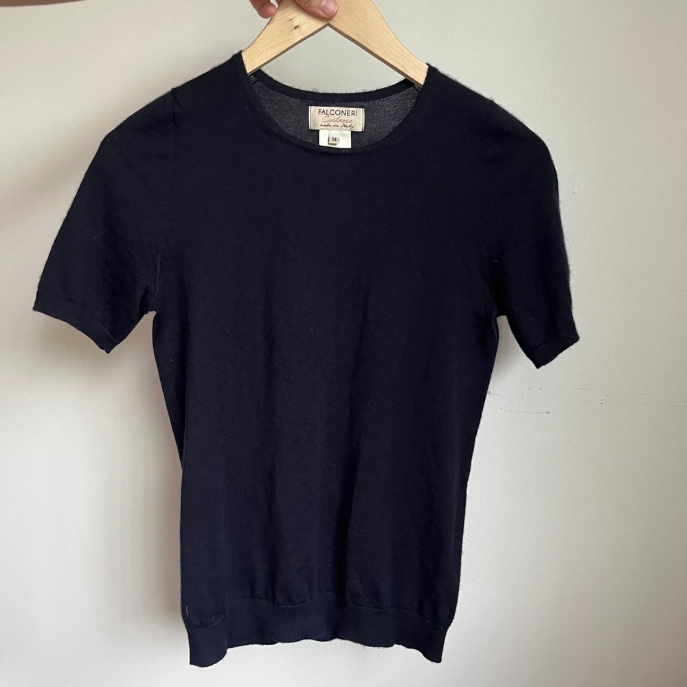 Falconeri Cashmere Short Sleeve Sweater Navy Blue Crew Neck Made in Italy Mens M